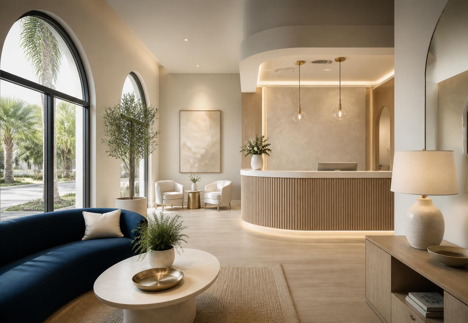 Reception area of a modern Naples dental practice with warm neutral finishes and natural light